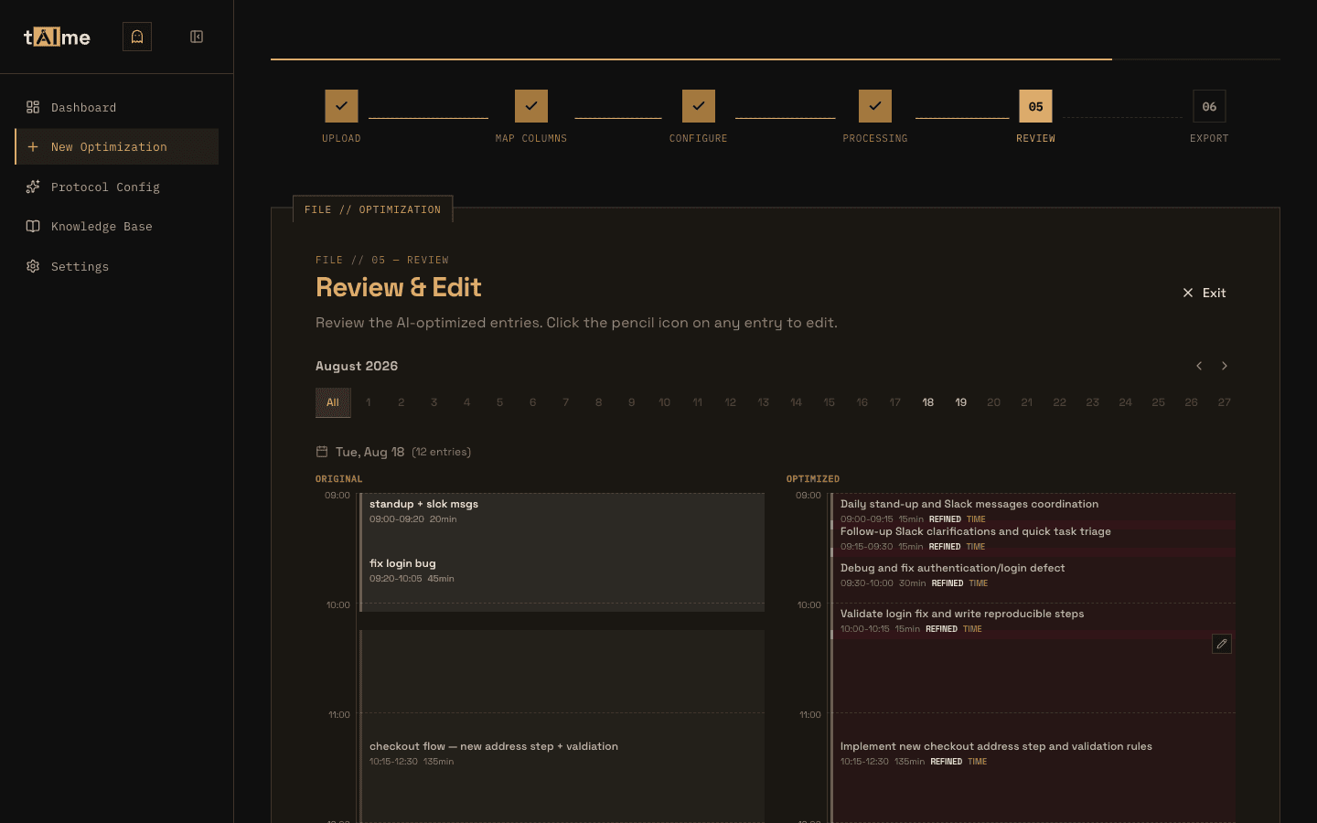 taime review screen — original timesheet entries side by side with the AI-optimized, professionally described versions